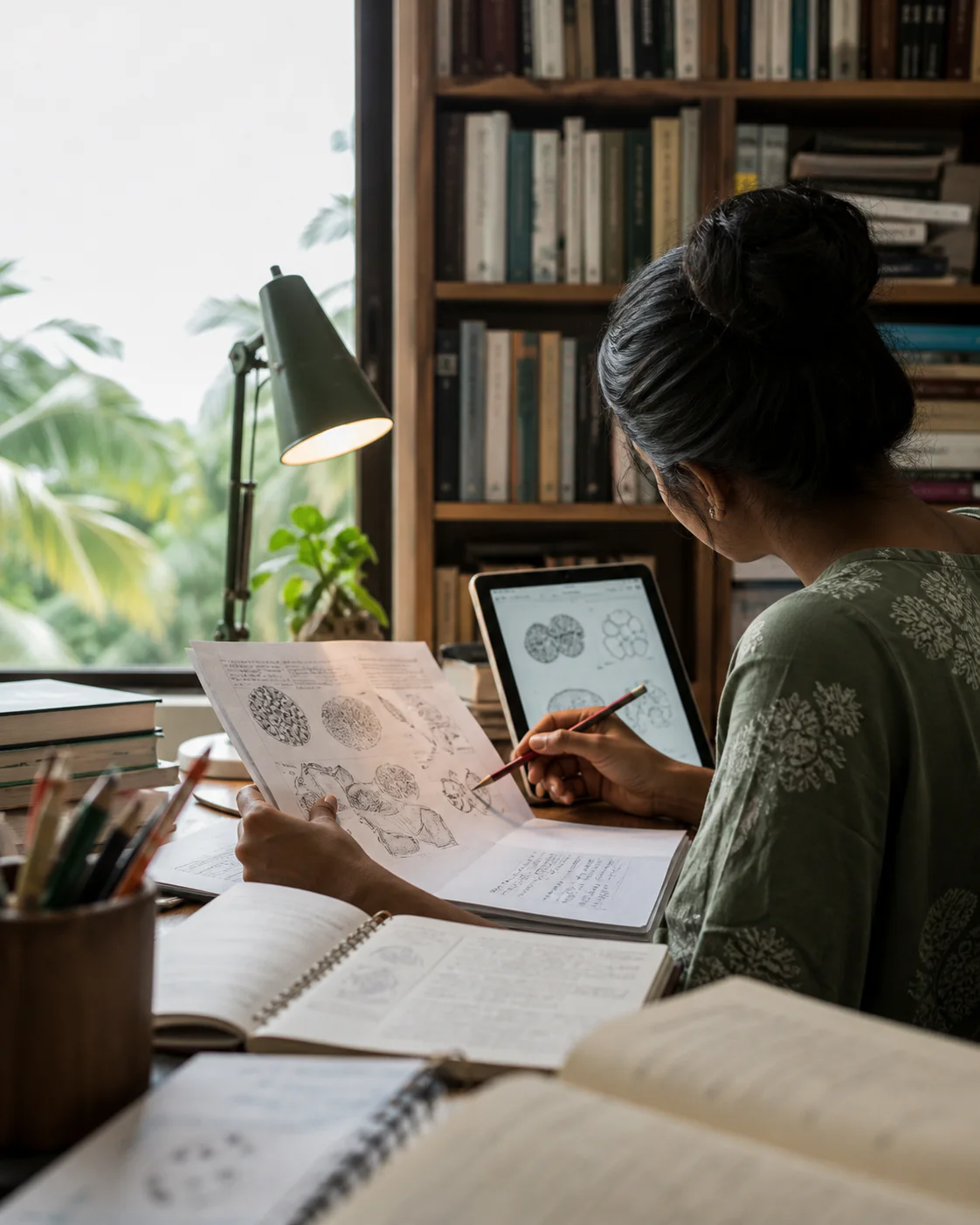 A university student comparing research notes and diagrams while studying